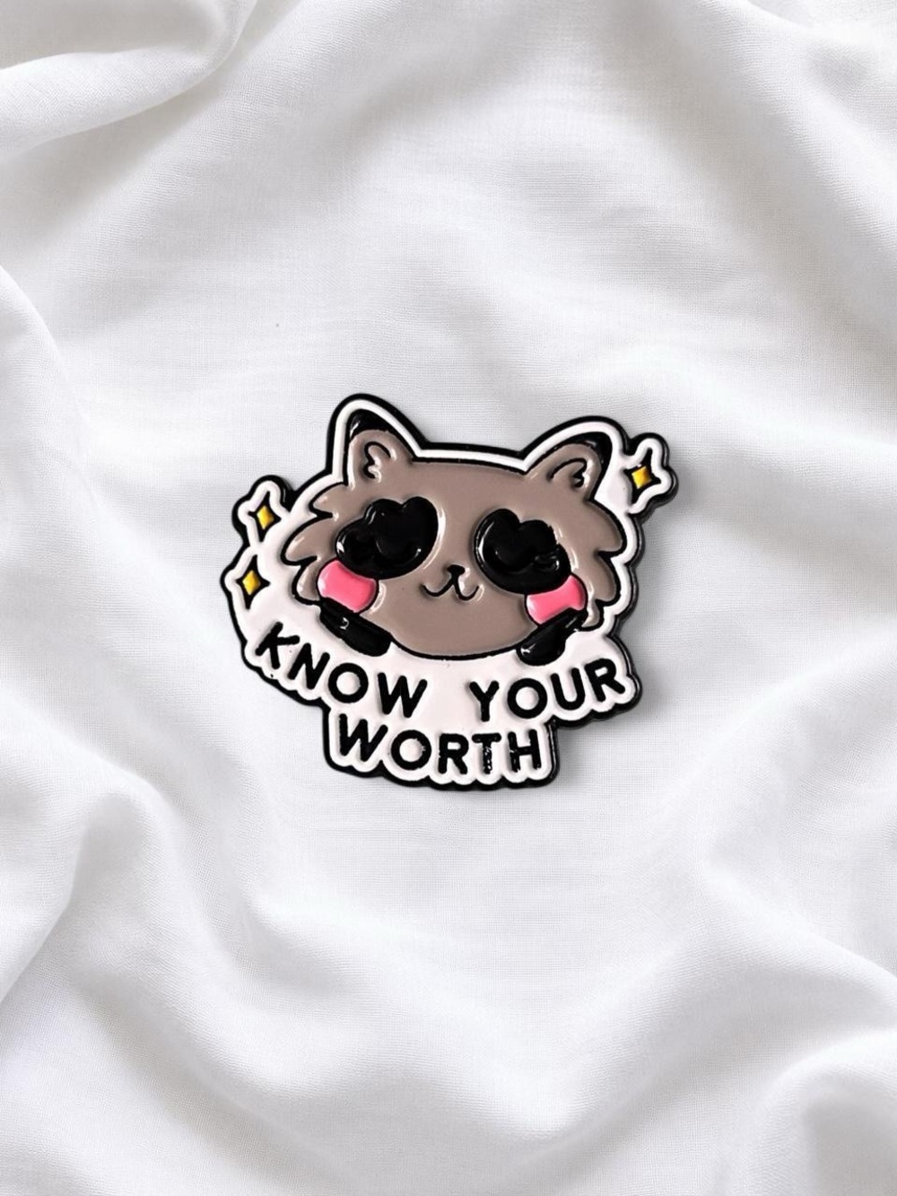 Cute Cat Enamel Pin - 'Know Your Worth' (Pink & Taupe)
